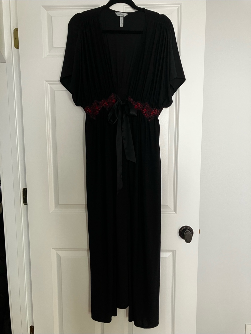 Soma Black Long Robe w/ Red Lace Trim & Satin Tie Waist